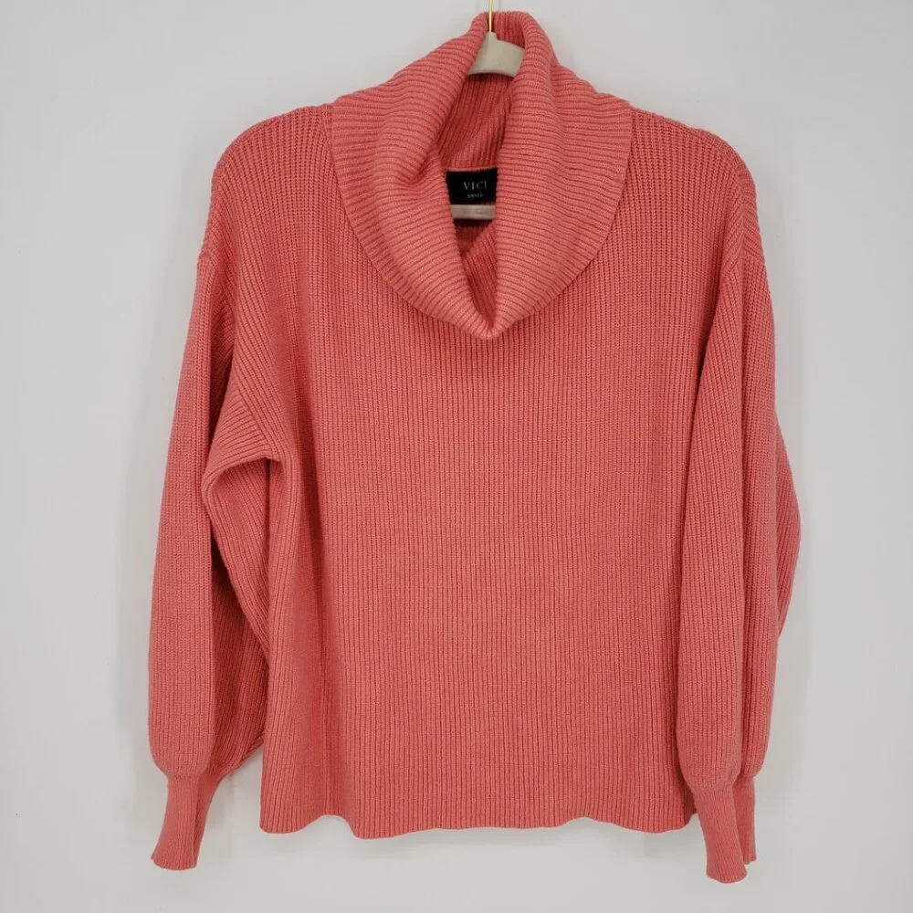 Vici Cowl Neck Balloon Sleeve Pullover Sweater S Ribbed Knit Relaxed Fit Coral - Picture 3 of 11